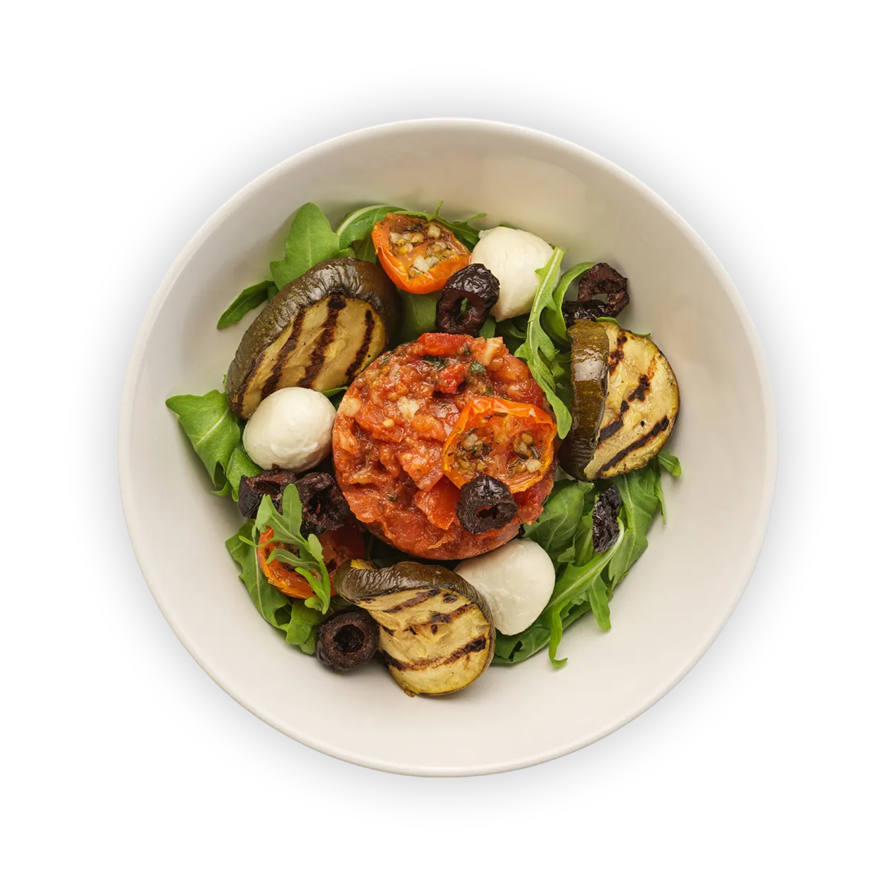 Tomatentatar mit grillierter Zucchetti | Mozzarella | Oliven und Rucola