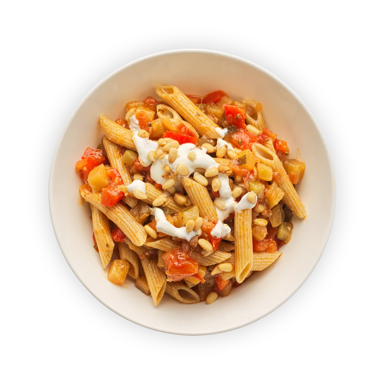 Vollkorn-Penne mit Ratatouillesauce | Frischkäse und gerösteten Pinienkernen