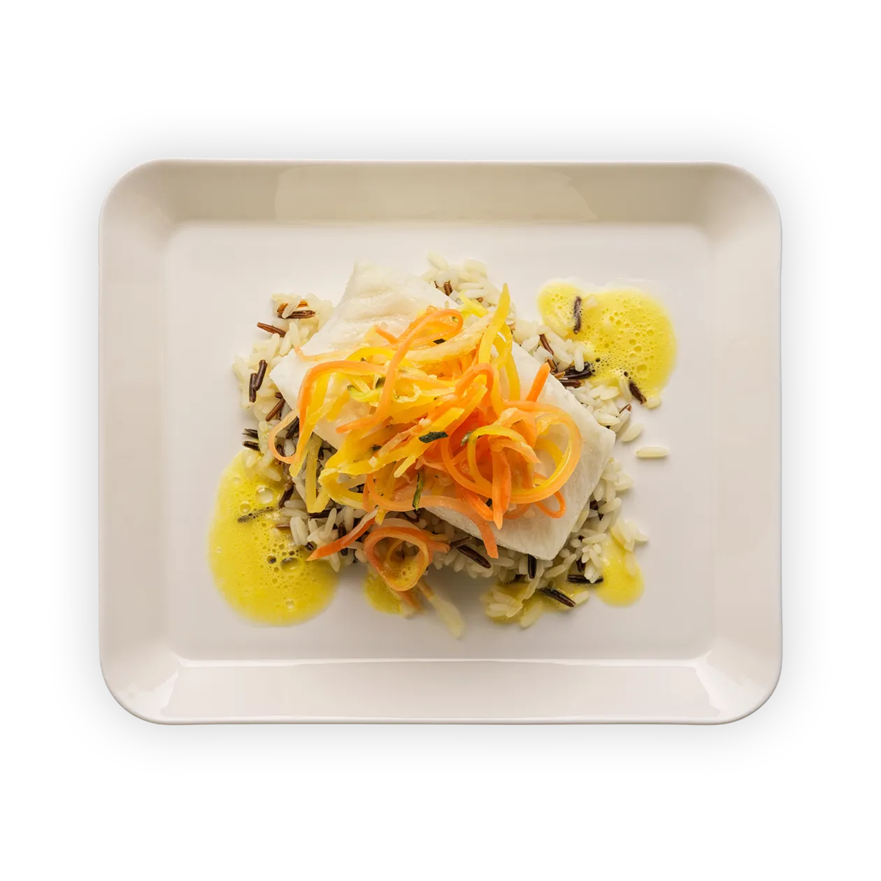 Cod with olive oil emulsion | Wild rice and vegetable linguine (by guest chef Lorenzo Albrici)