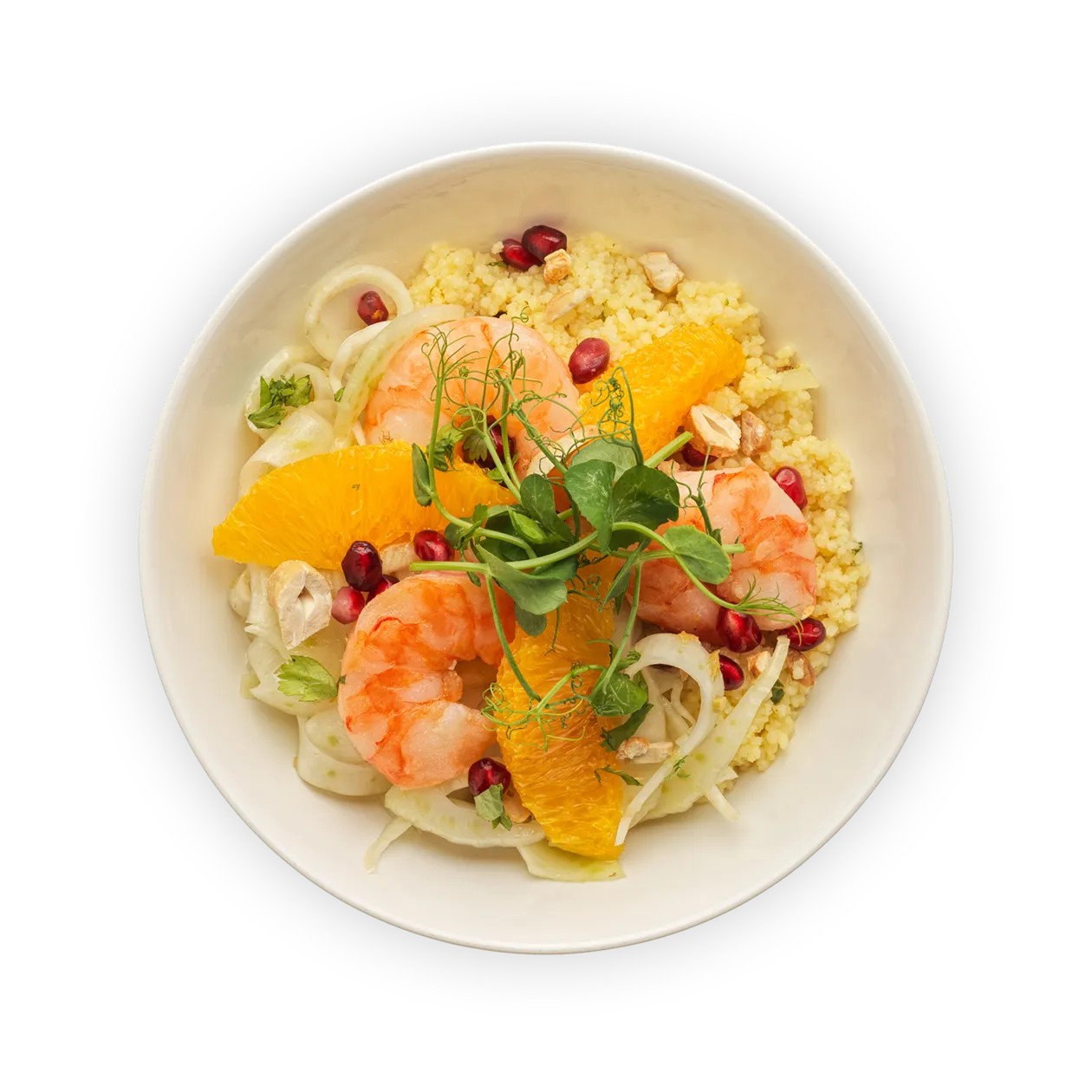 Gambas à la citronnelle et salade de fenouil | Semoule à l’orange aux quartiers d’orange pelés à vif | Graines de grenade et noix de cajou grillées