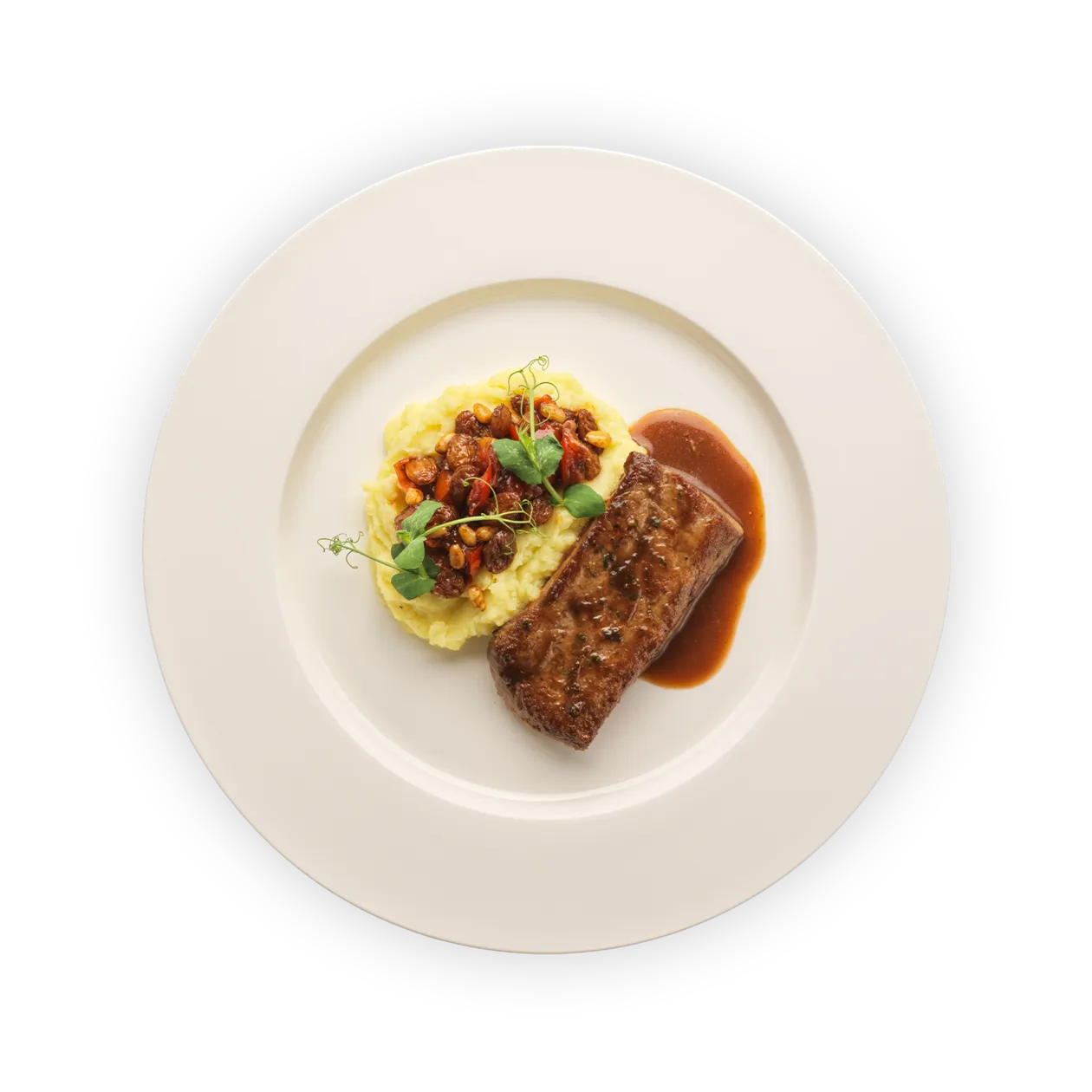 Longe d’agneau glacée à l’ail noir | Jus | Mantecata de pommes de terre aux poivrons sautés