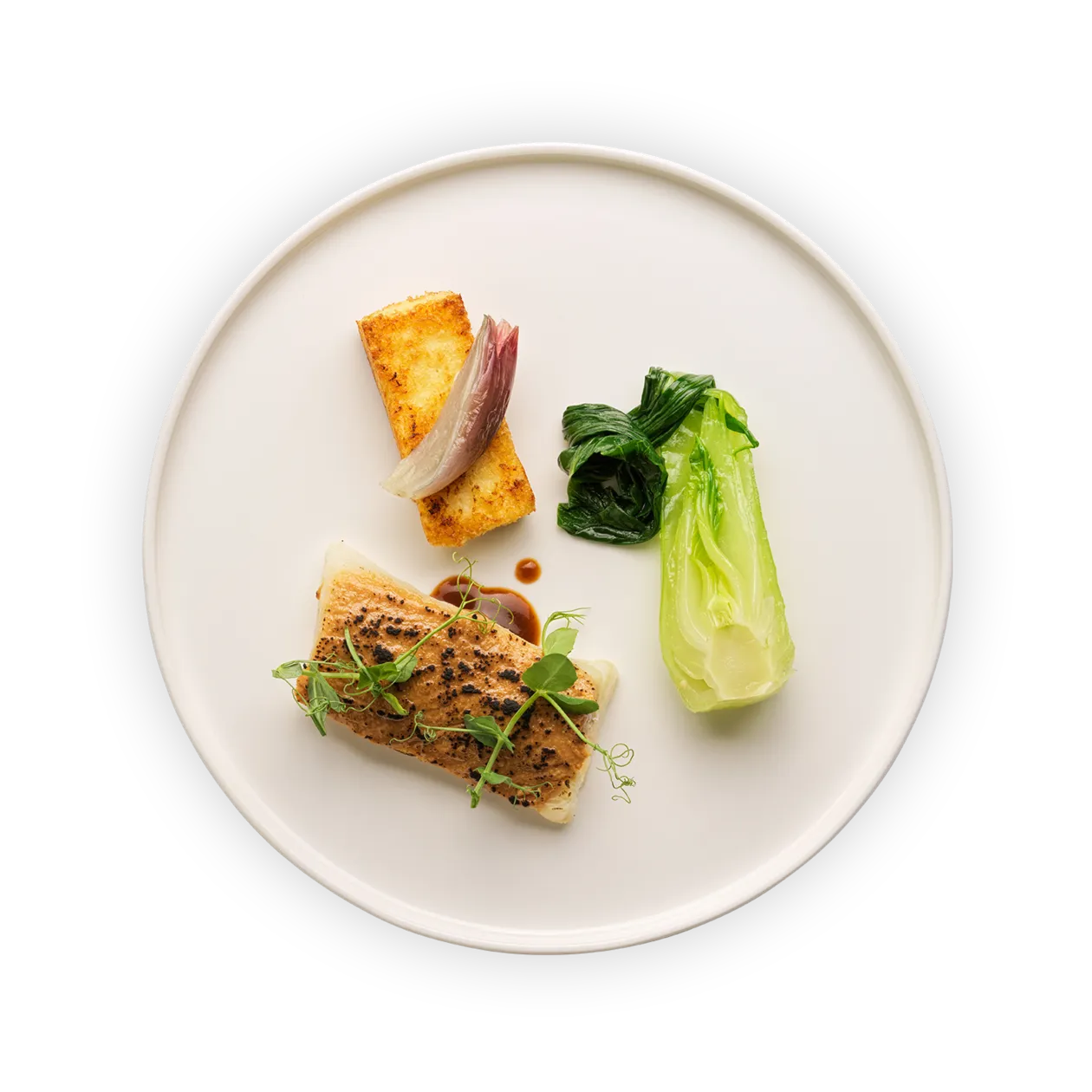 Miso-marinated cod with red wine sauce | Baked polenta, bok choy and shallot confit (by guest chef Olivier Jean)