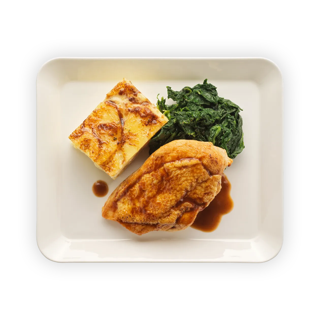 Barbecue-glazed chicken breast with jus | Potato gratin and spinach