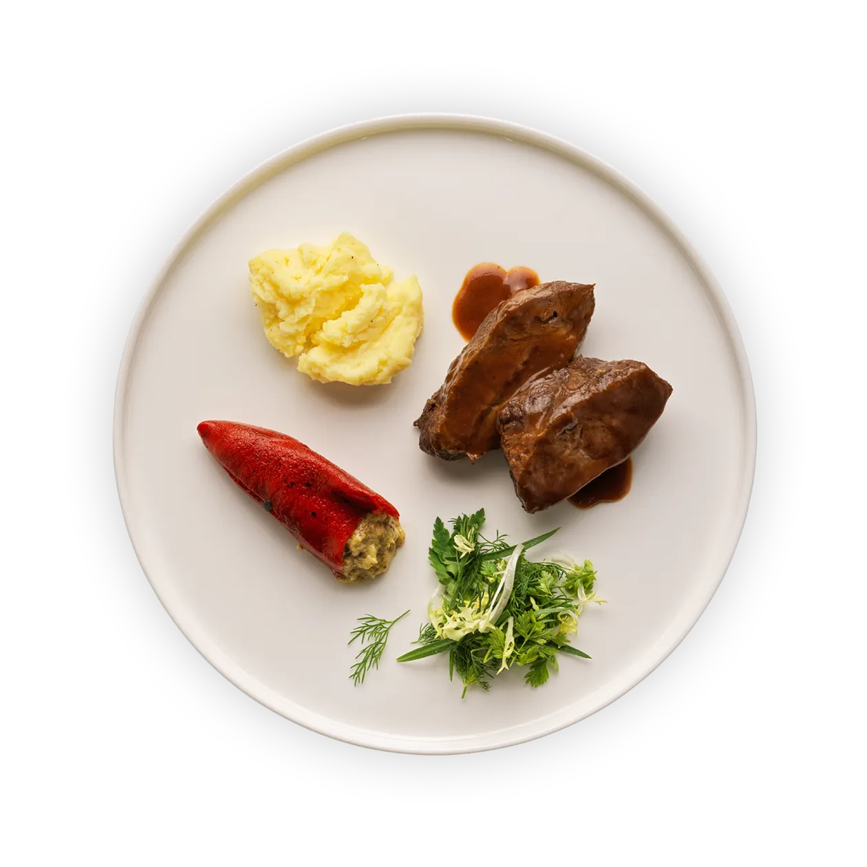 Braised veal cheeks with Asian-style jus | Potato purée | Stuffed piquillo pepper with eggplant and herb salad (by guest chef Olivier Jean)