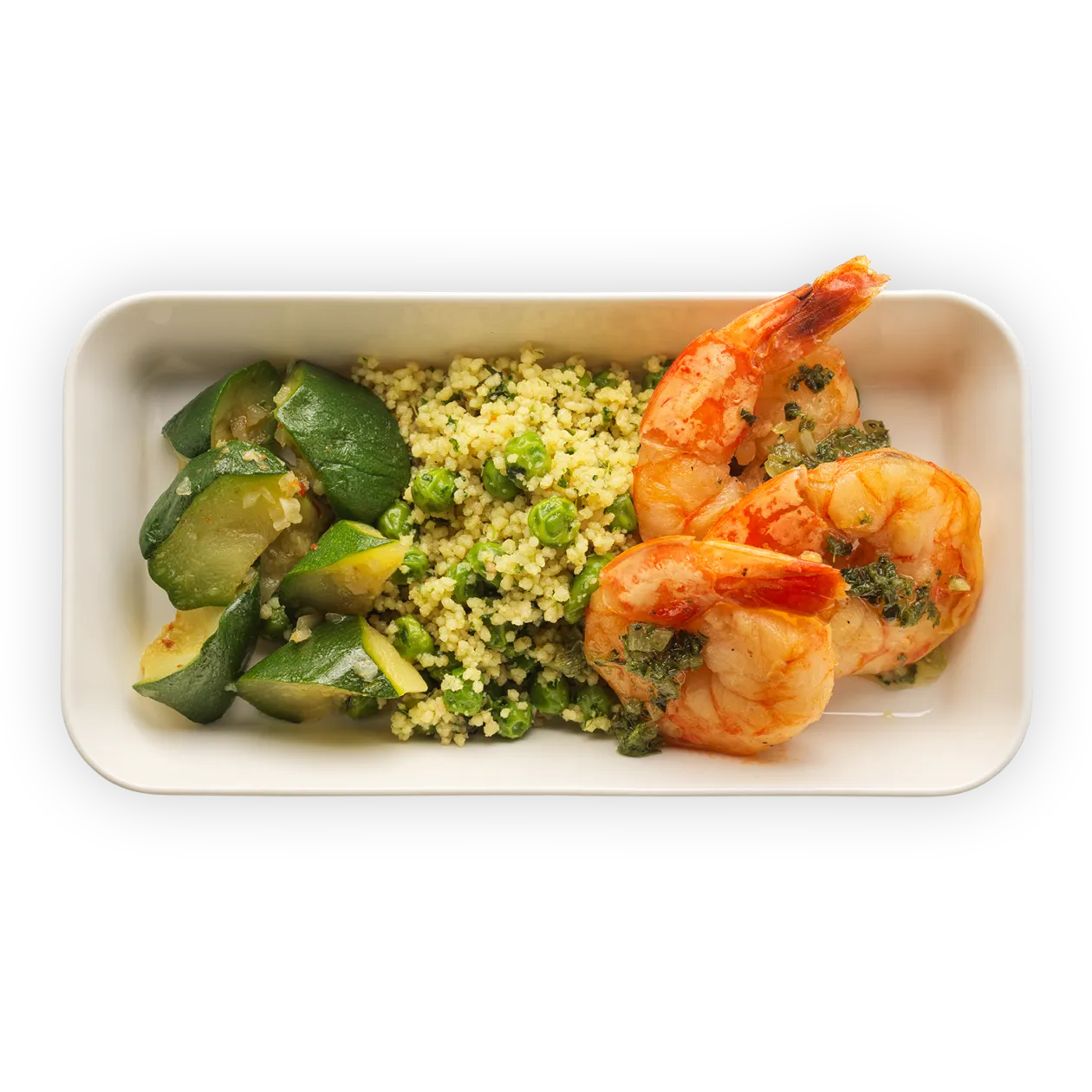 Sautierte Riesencrevetten mit Chimichurri | Erbsen-Minz-Couscous | Glasierte Zucchetti