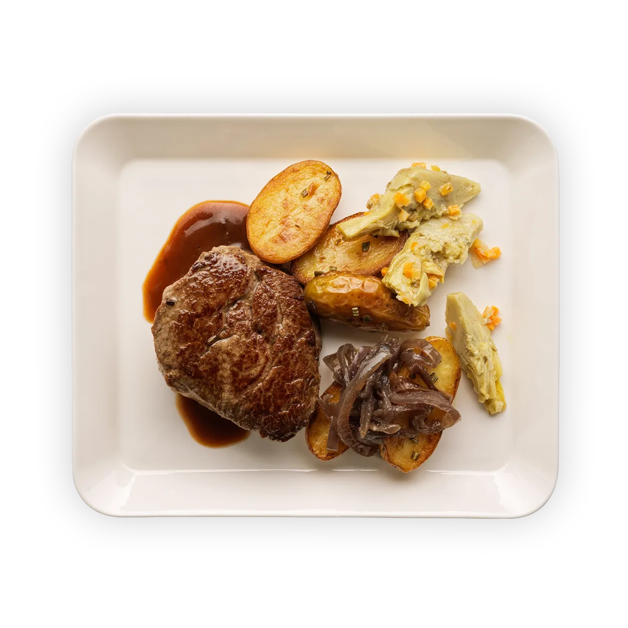 Beef tenderloin with herb jus | Sautéed potatoes with rosemary and red onions | Braised artichoke (by guest chef Lorenzo Albrici)