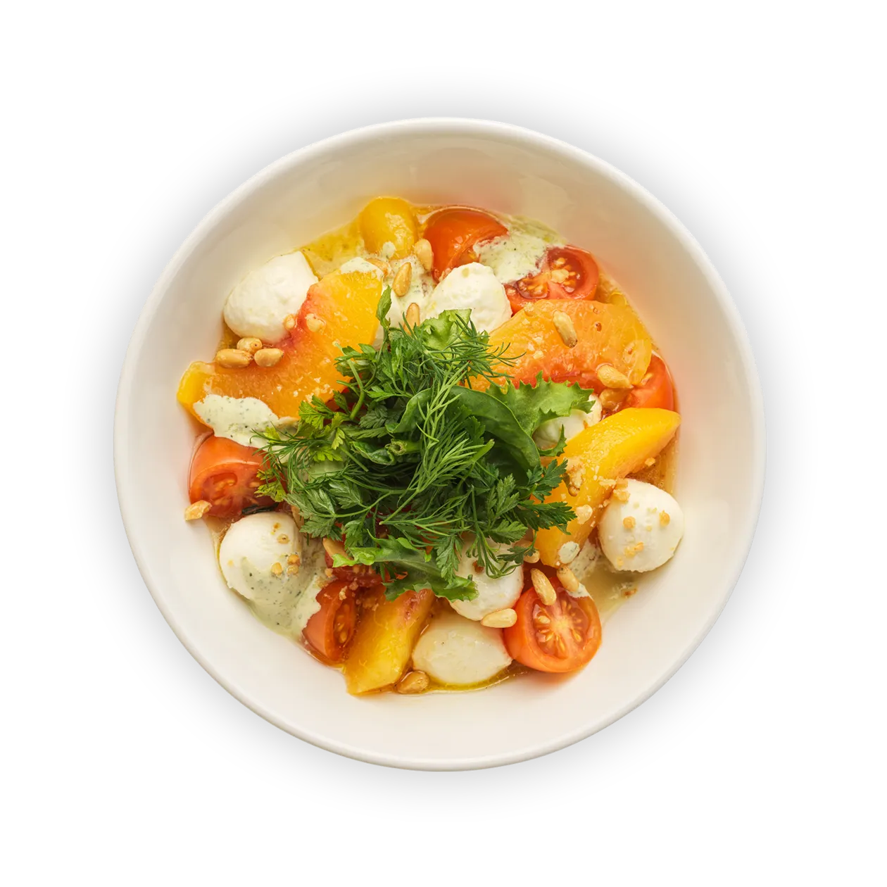 Cherrytomatensalat mit Pfirsichen | Mozzarella und Basilikum-Crème-fraîche | Gerösteten Pinienkernen