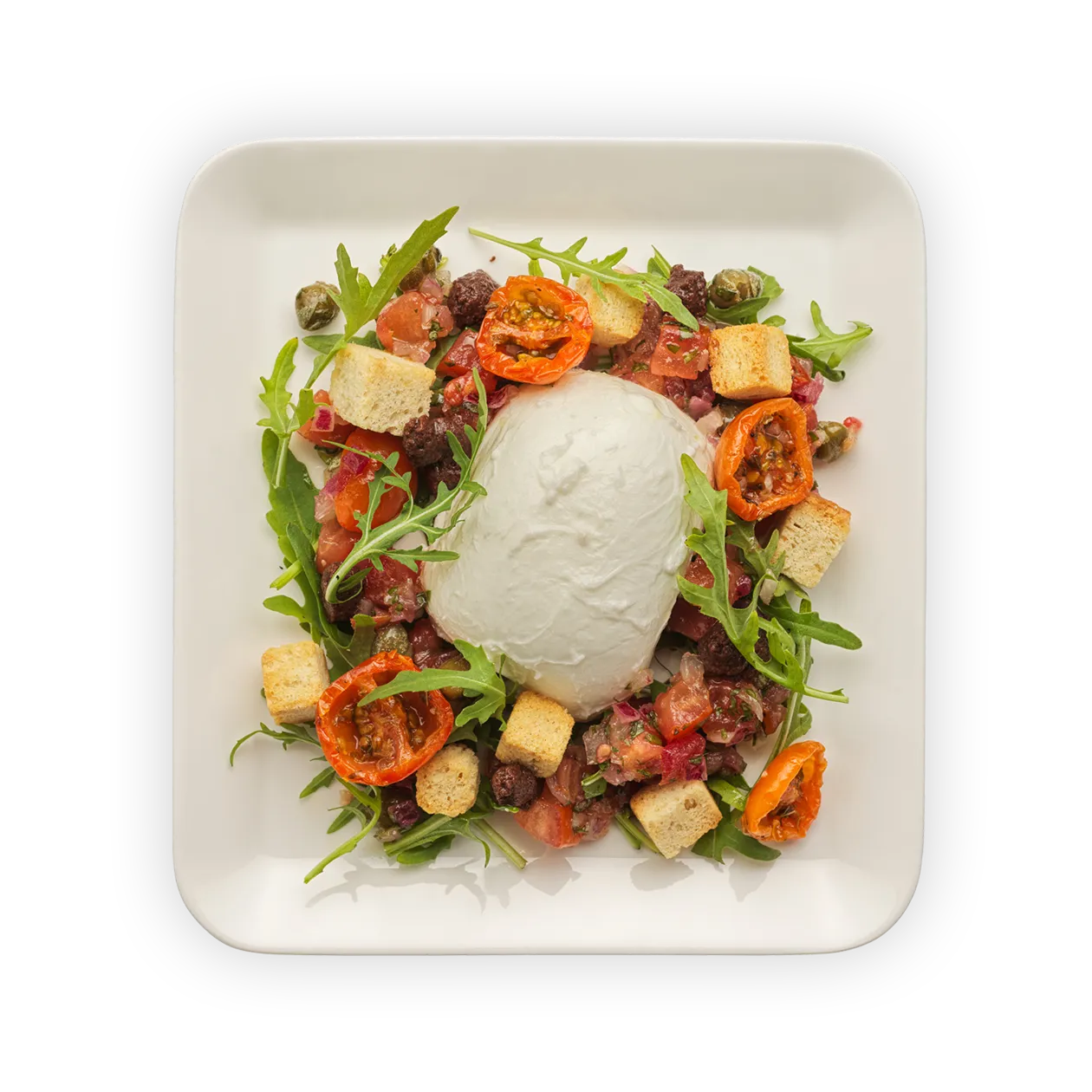 Burrata et salsa de tomates aux câpres | Tomates cerises avec tapenade d’olives noires | Roquette, croûtons et pignons de pin grillés