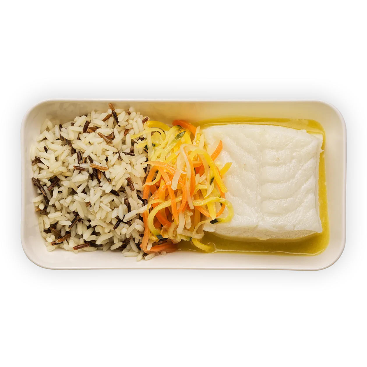 Cod with olive oil emulsion | Wild rice and vegetable linguine (by guest chef Lorenzo Albrici)