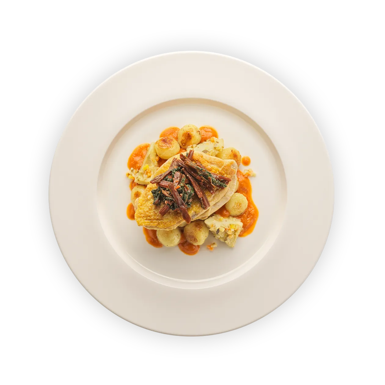 Suprême de poulet élevé au grain | Sauce romesco | Gnocchi sautés | Artichaut braisé et blettes