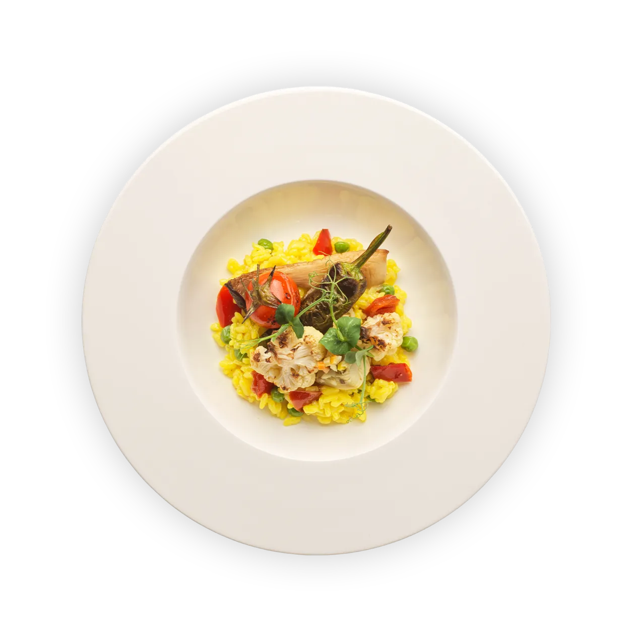 Paëlla de légumes aux petits pois | Piment de Padrón | Tomate cerise | Artichaut | Chou-fleur rôti et pleurotes