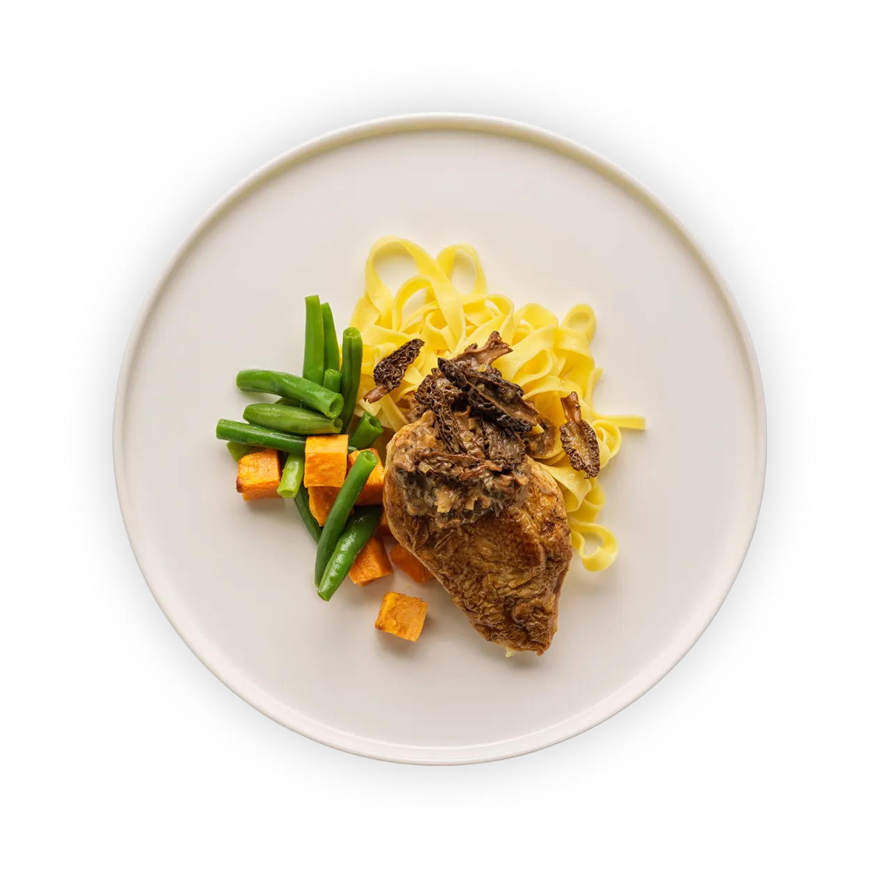 Alpstein chicken breast with morel cream sauce | Tagliatelle | Green beans and roasted sweet potatoes (by Badrutt‘s Palace Hotel St. Moritz)