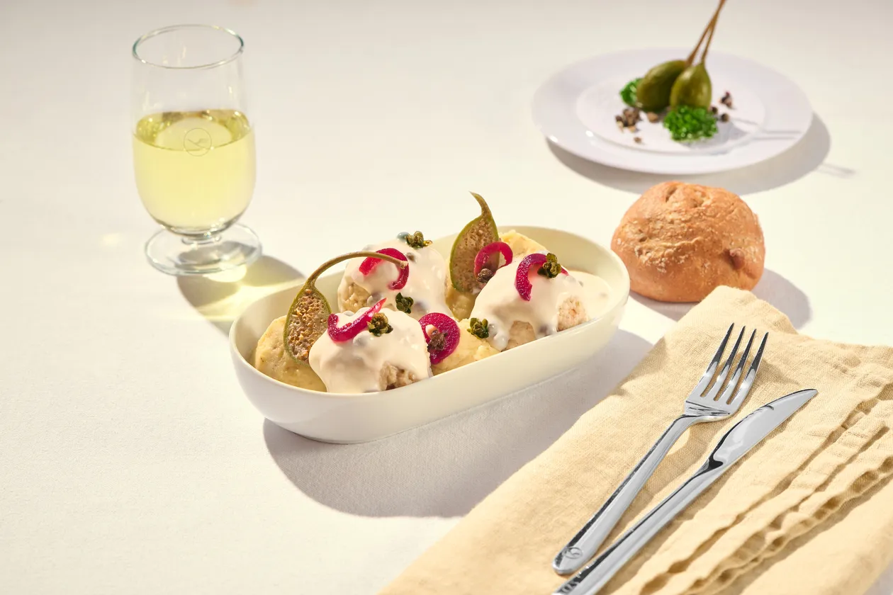 Fish Dumpling | Caper Sauce | Pickled Onions | Potato Mustard Mash