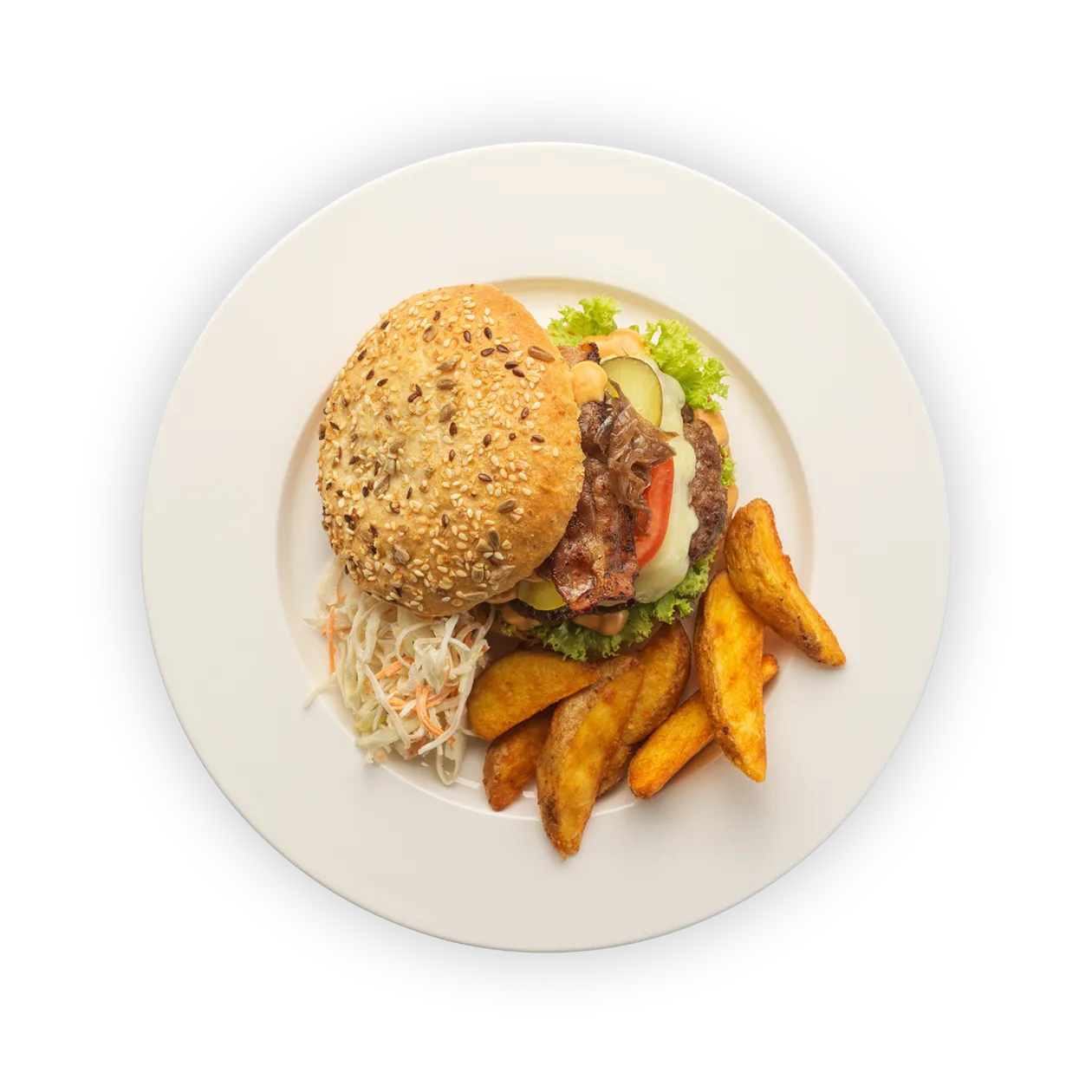 Schweizer Rindsburger mit Bergkäse | Speck und karamelisierten Zwiebeln | Country Fries | Coleslaw