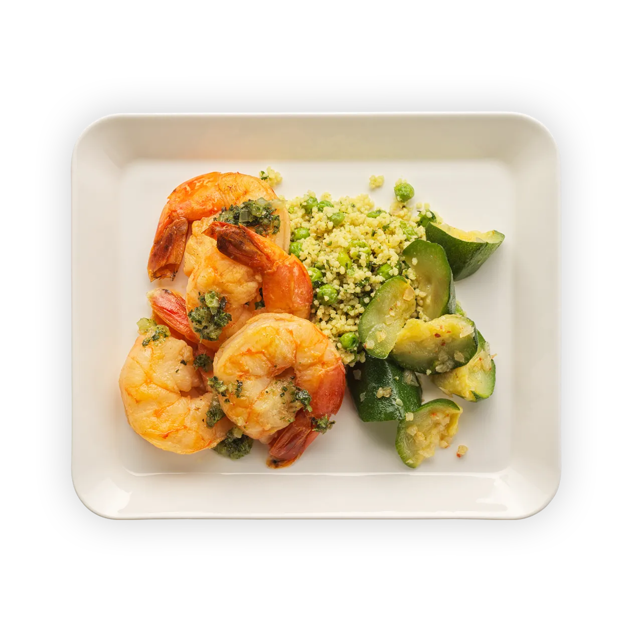 Sautéed king prawns with chimichurri | Pea and mint couscous | Glazed zucchini