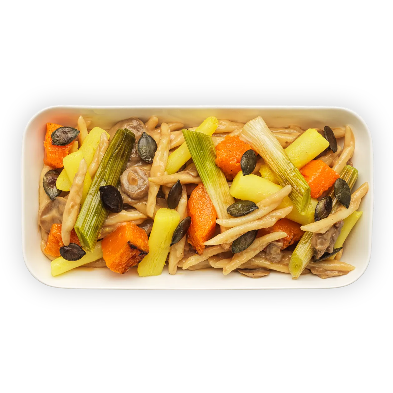 Pâtes Trofie | Crème aux champignons | Salsifis glacés et poireaux grillés | Potiron et graines de potiron grillés