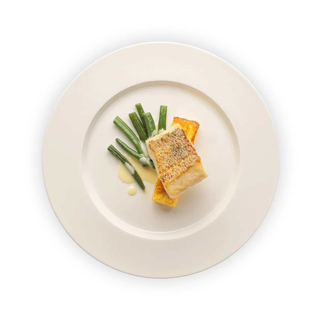 Sandre au sauce au yuzu | Galette de polenta poêlée | Haricots verts