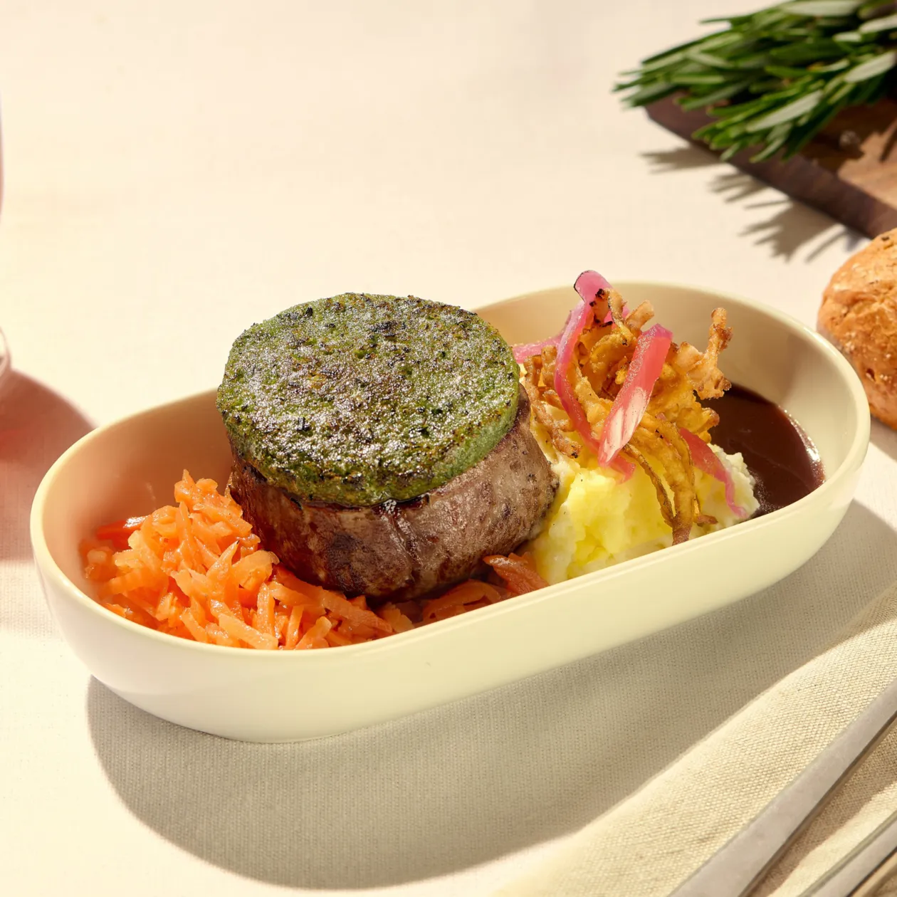 FILET STEAK FROM IRISH PASTURE-RAISED BEEF | Herb Crust | stewed Carrot | fried Onion | mashed Potato