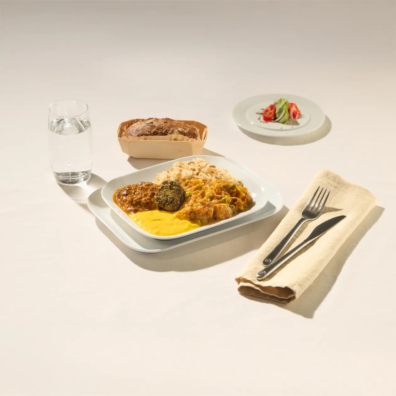 Paneer Mutter Spinach Dumpling | Savory Paneer Cheese with Peas in Tomato Sauce, Yogurt Sauce with Spinach and Lentil Dumplings Fried and Mild Dal, Basmati Rice with Onions and Cumin