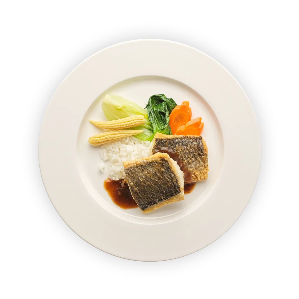 Daurade sautée à la sauce fai dang | riz au jasmin et bok choy
