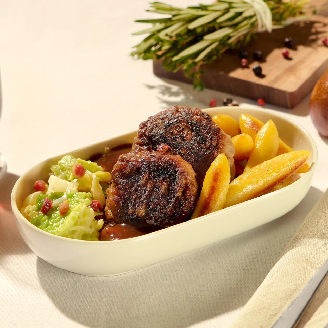 GAME MEATBALL | Swabian Potato Pasta | Creamy savoy cabbage | Lingonberry sauce | Bacon