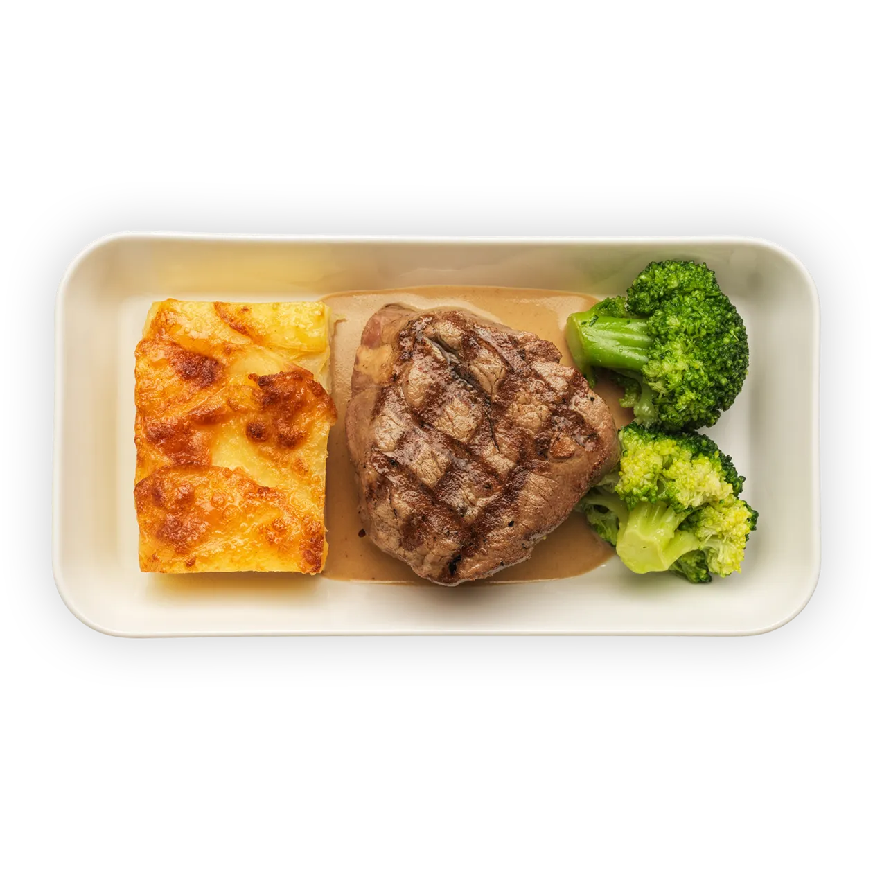 Filet de bœuf grillé | Sauce aux cèpes | Gratin de pommes de terre et brocoli