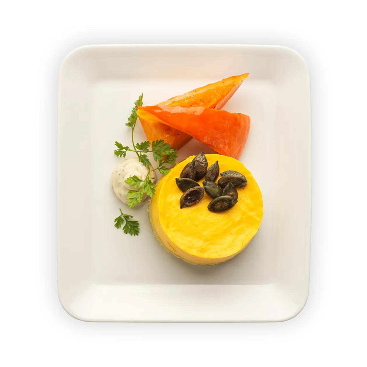 Mousse de potiron sur un biscuit au potiron | Mayonnaise à la truffe | Potiron et graines de potiron grillés