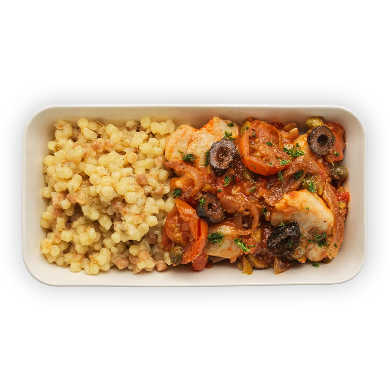 Chicken ragout Puttanesca with tomato | Olive and caper sauce | creamy Fregola Sarda
