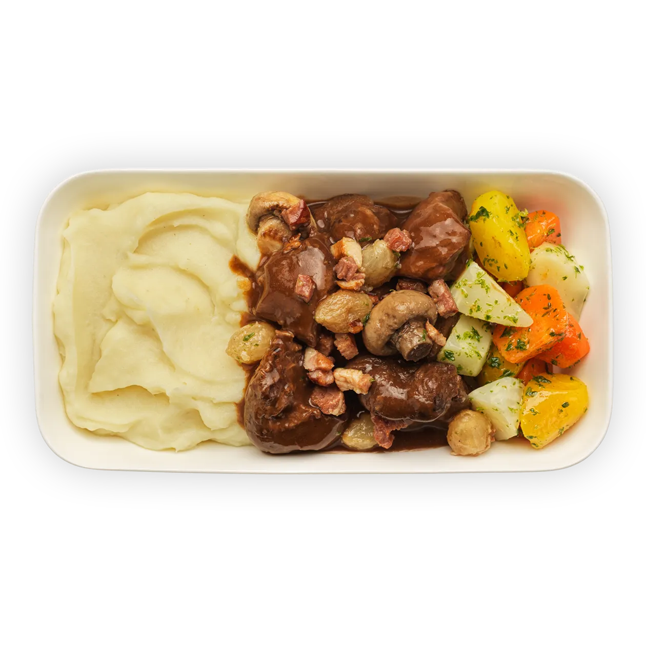Bœuf bourguignon | Purée de pommes de terre et légumes racines glacés