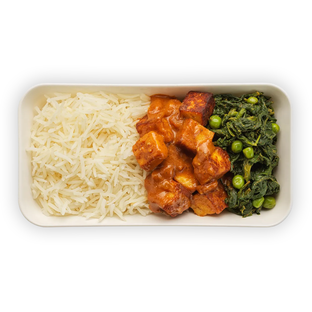 Paneer Tikka Masala mit Basmatireis | Spinat und Erbsen