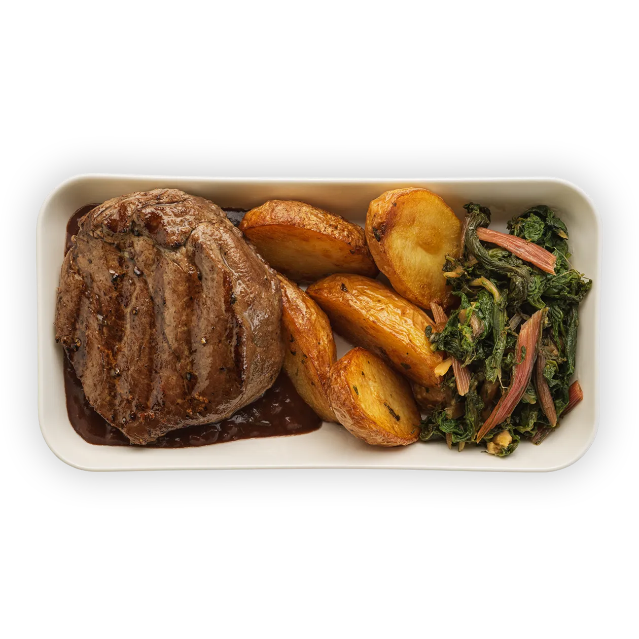 Grilled beef tenderloin with shallot and red wine sauce | Roasted potatoes and Swiss chard