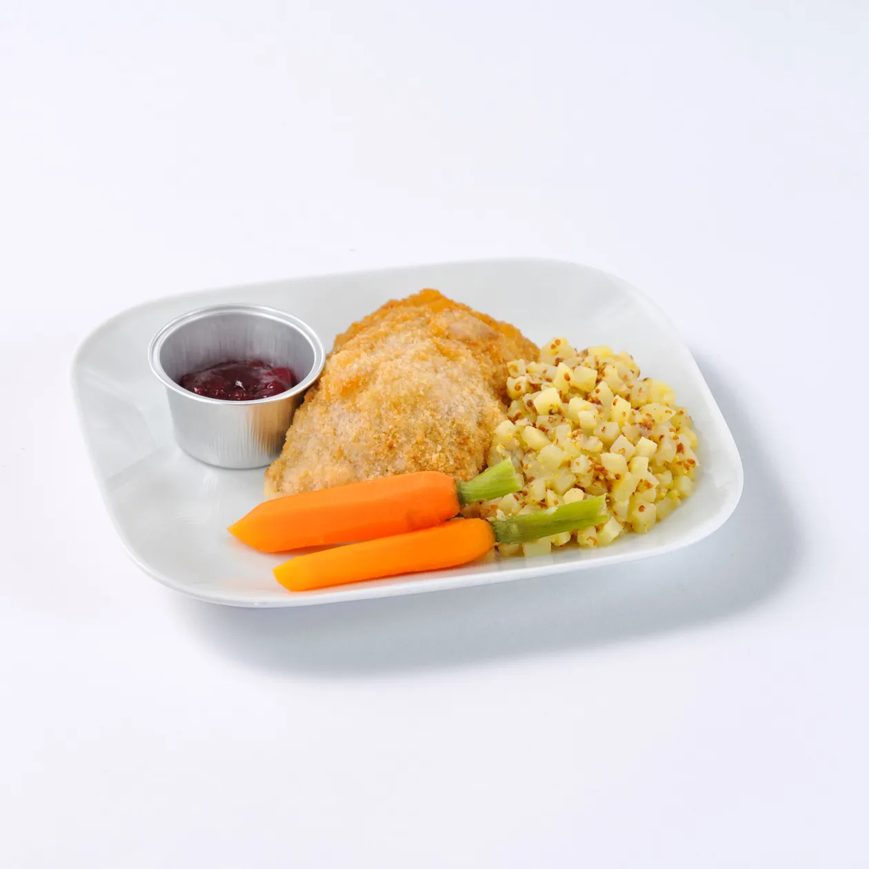 Traditional crispy fried Chicken with Cranberries and Mustard Potato