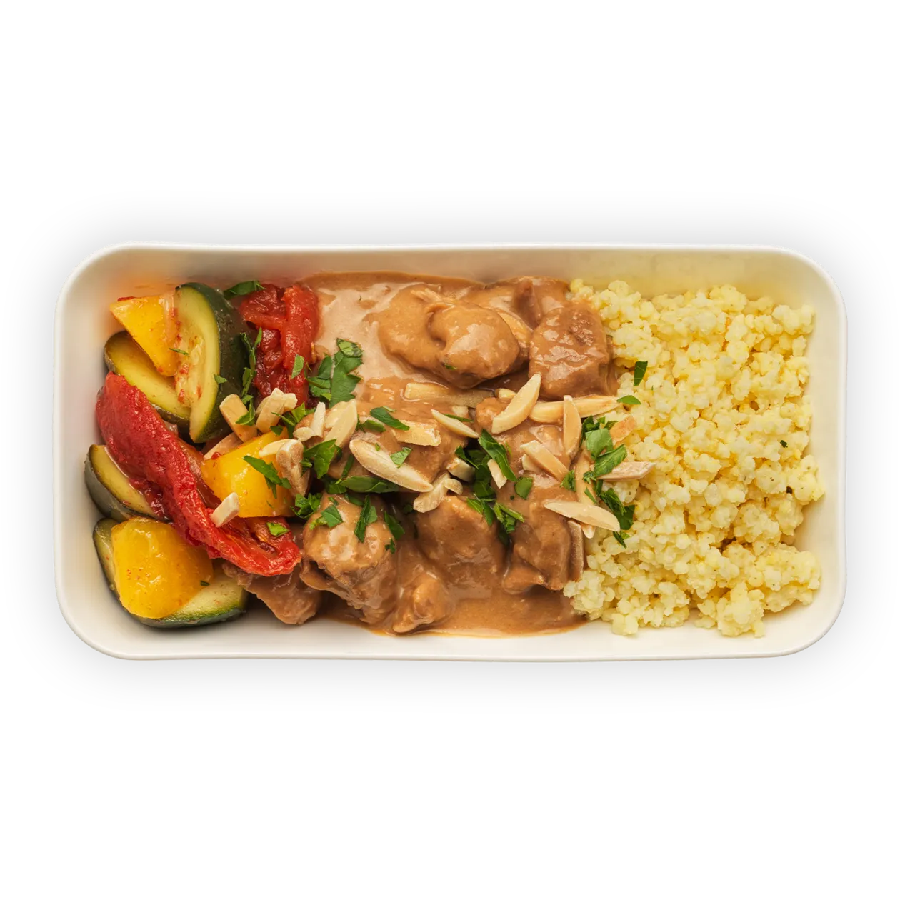 Goulash de veau à la crème | Amandes grillées | Millet et mélange de légumes (sans gluten)
