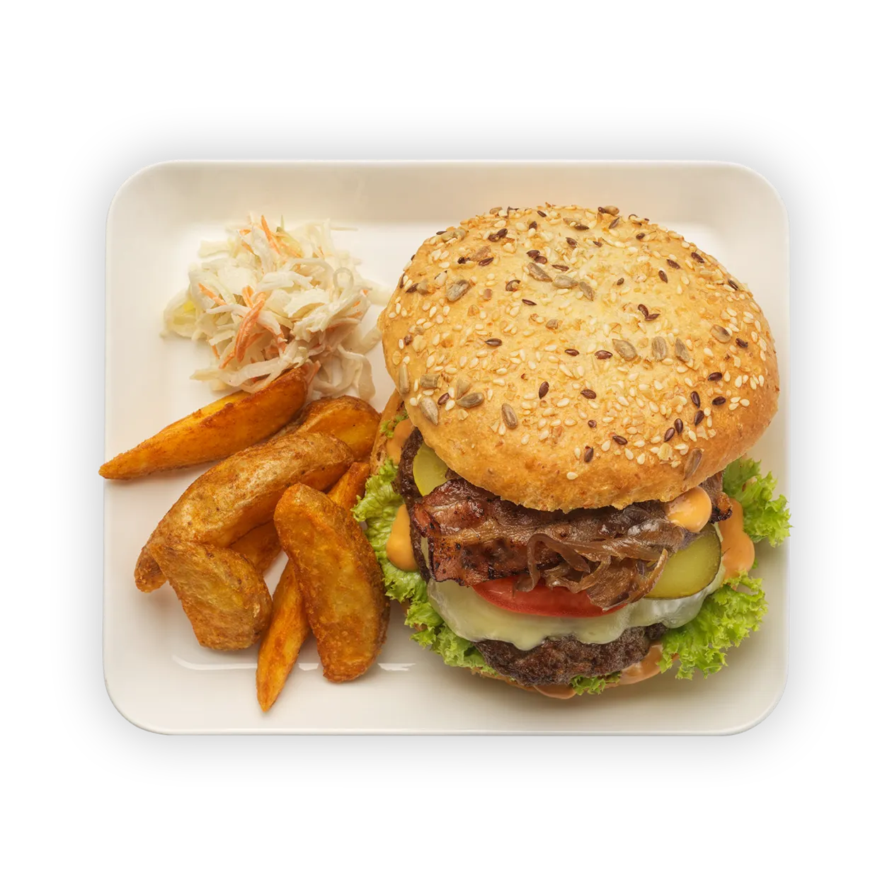 Burger de bœuf suisse et fromage d'Alpage | bacon rôti et oignons caramélisés | pommes frites | chou coleslaw