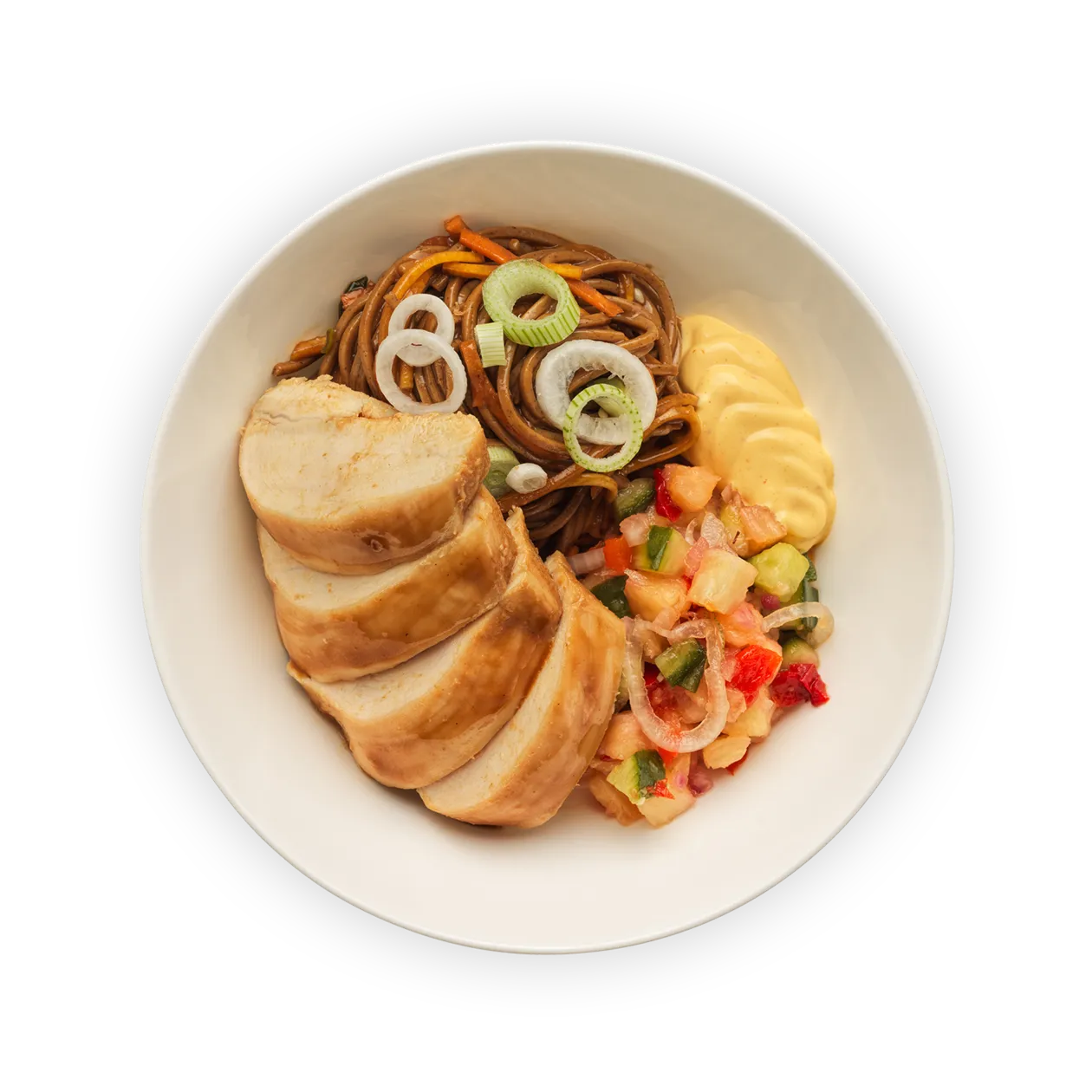 Poké bowl au poulet teriyaki | Nouilles soba | Salade de concombre et ananas | Mayonnaise à la mangue et au piment